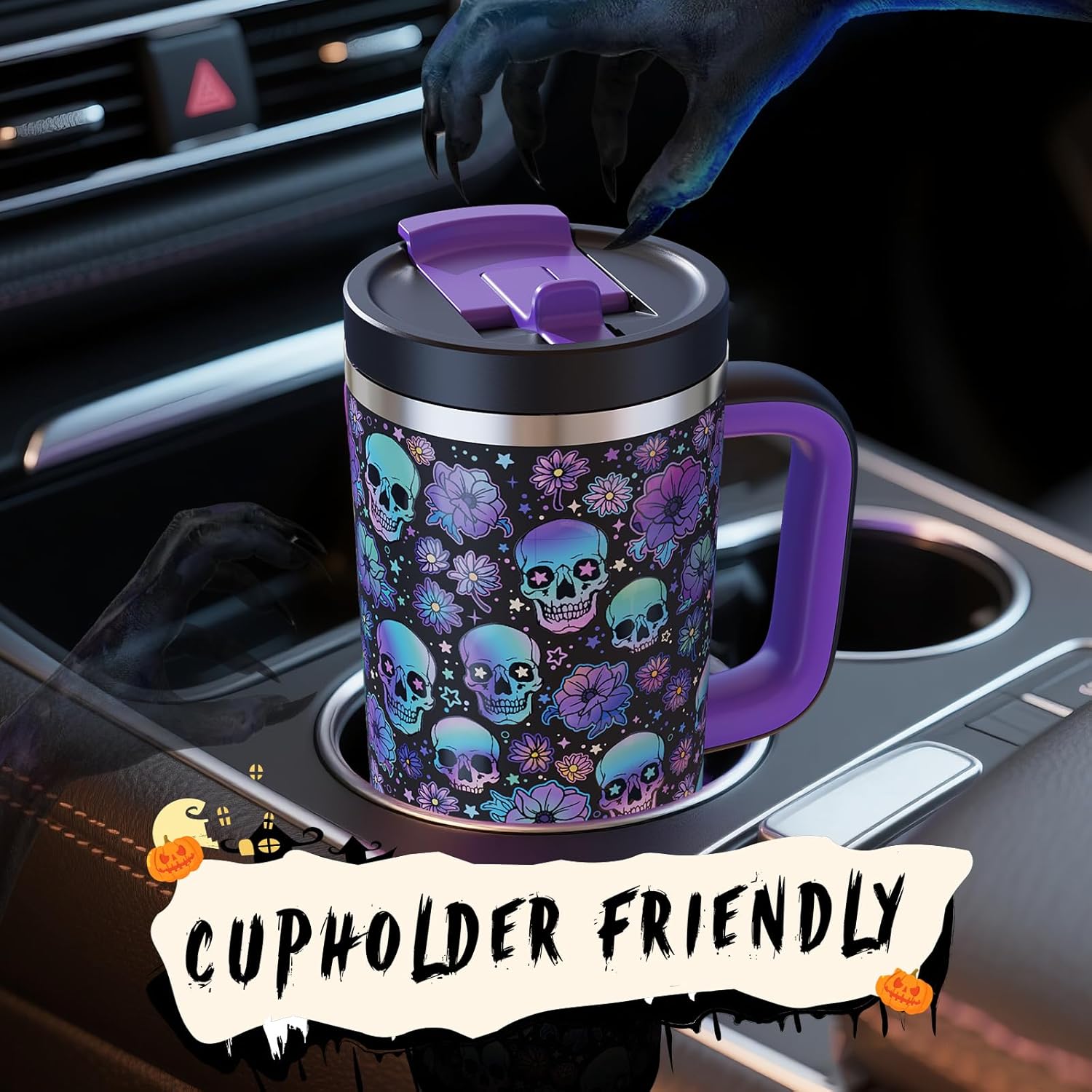 40oz Halloween Tumbler with Handle and Straw, Stainless Steel Insulated Water Bottle with Straw, Leak-Proof, Cup Holder Friendly, Keeps Cold 24 H, Gifts for Women Men, Floral Afterlife