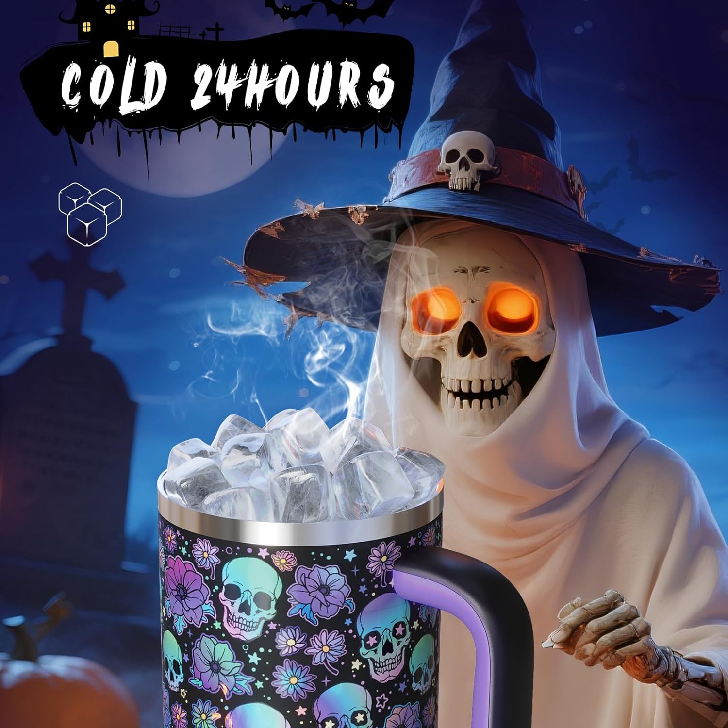 40oz Halloween Tumbler with Handle and Straw, Stainless Steel Insulated Water Bottle with Straw, Leak-Proof, Cup Holder Friendly, Keeps Cold 24 H, Gifts for Women Men, Floral Afterlife
