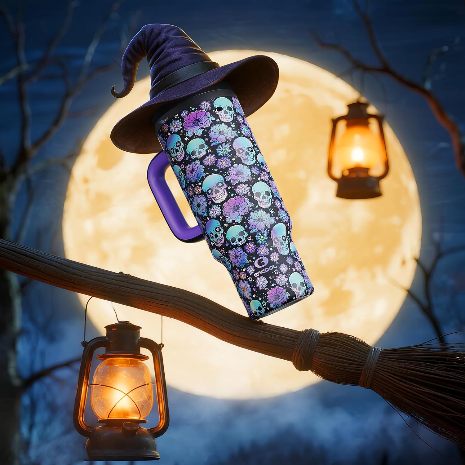 40oz Halloween Tumbler with Handle and Straw, Stainless Steel Insulated Water Bottle with Straw, Leak-Proof, Cup Holder Friendly, Keeps Cold 24 H, Gifts for Women Men, Floral Afterlife
