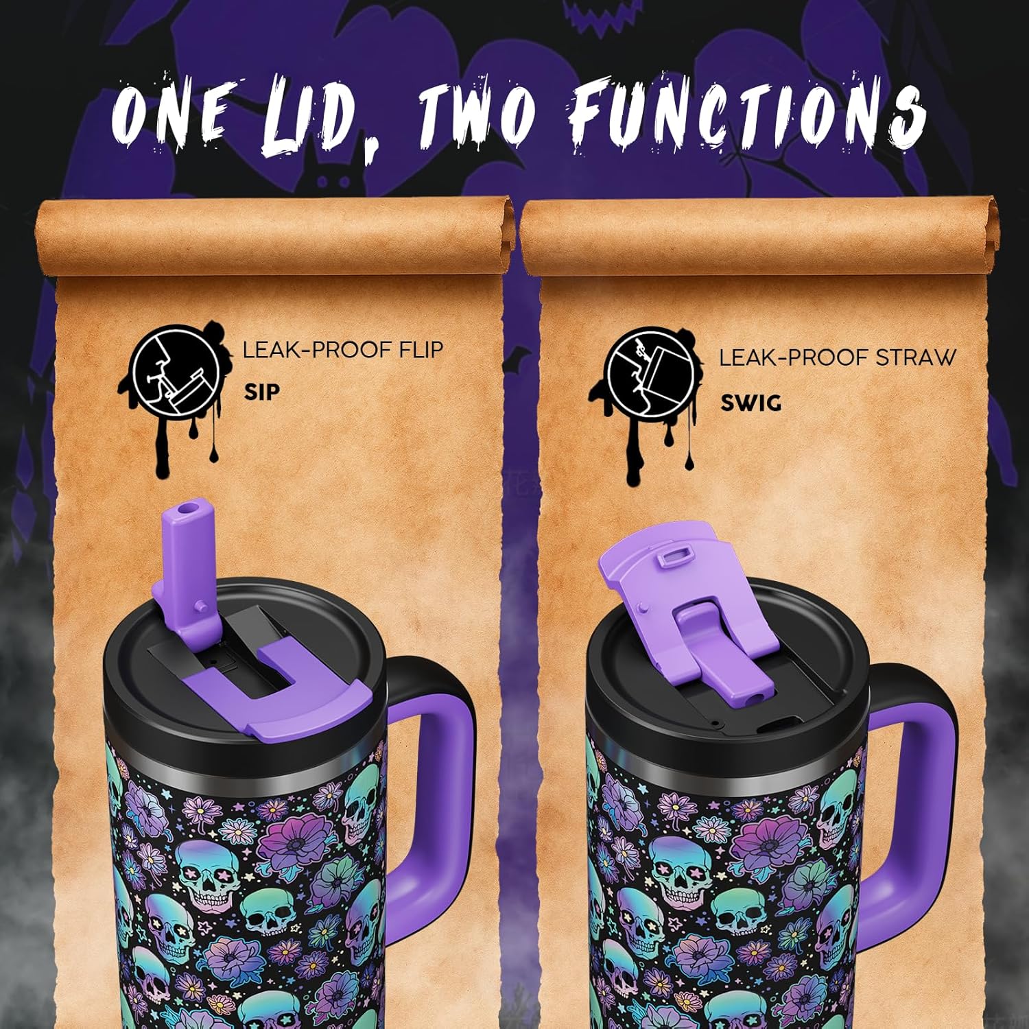 40oz Halloween Tumbler with Handle and Straw, Stainless Steel Insulated Water Bottle with Straw, Leak-Proof, Cup Holder Friendly, Keeps Cold 24 H, Gifts for Women Men, Floral Afterlife